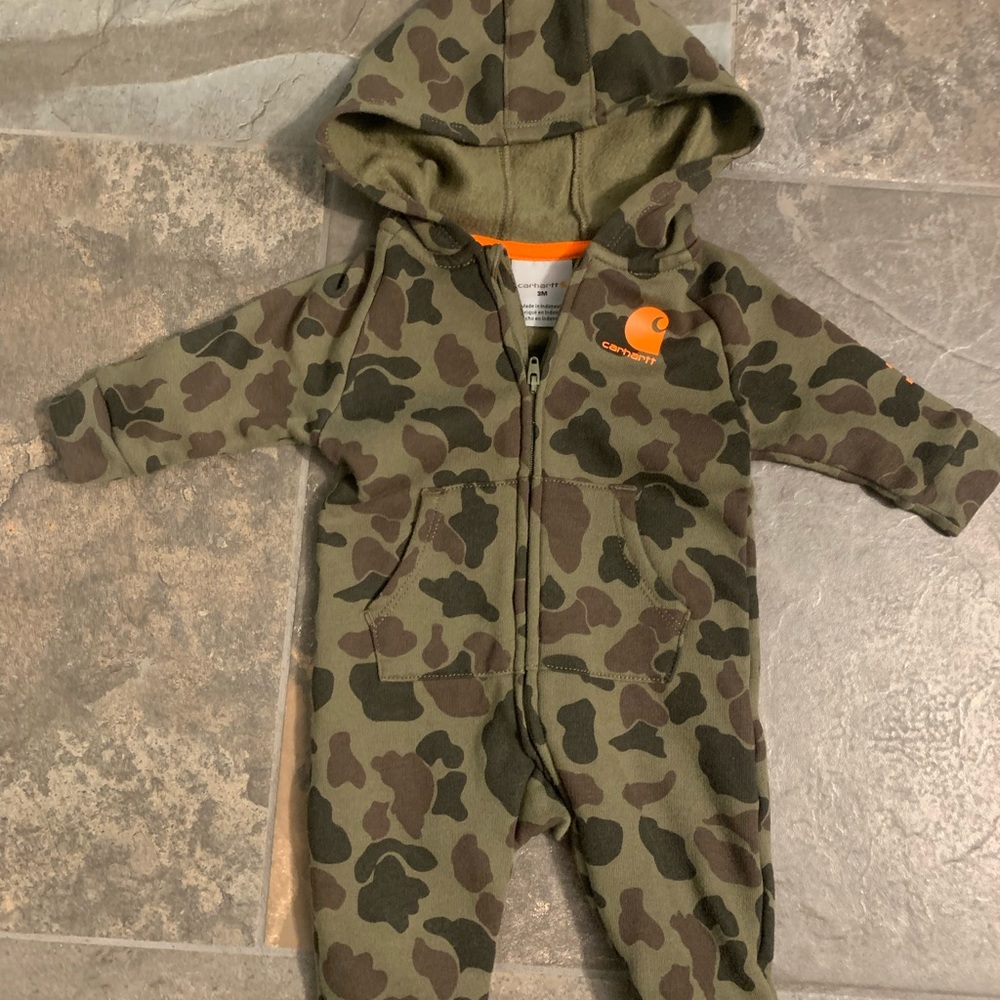 3 month, Carhartt Zip front fleece hooded coverall.